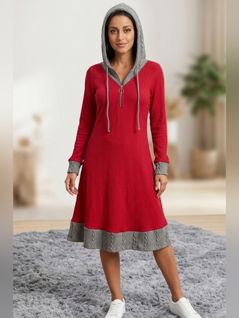 *NWT* DRESSFO Red & Gray Colorblock Quarter Zip Hoodie Dress Cable Knit Detail 6